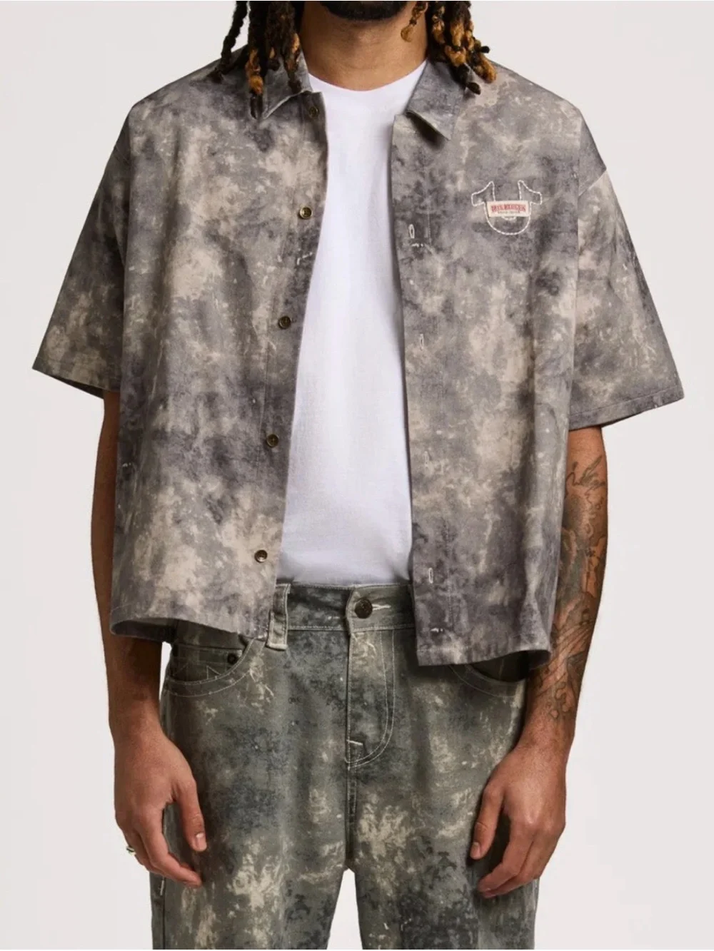 True Religion Gray Tie-Dye Casual Button-Down Shirt